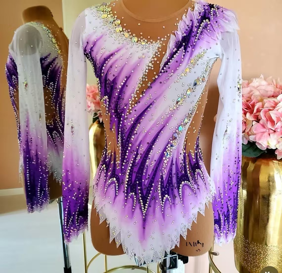 Rhinestone Banding Trim - Детский гимнастический купальник для девочек, фиолетово-белый,